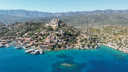 Drone View of the Historic Castle, Kalekoy, Simena, Kekova, Demre, Antalya,Turkey. September 2022