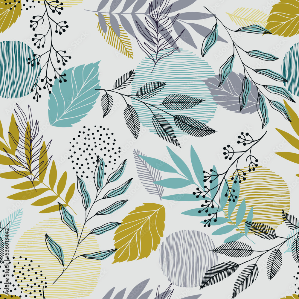 Wall mural vector autumn pattern with leaves, stripes and dots. scandinavian style. linear boho sketch