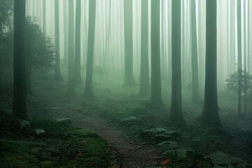 Obraz premium Misty morning in the woods. Rays of light in the forest. Mist fog and the trees nature background.