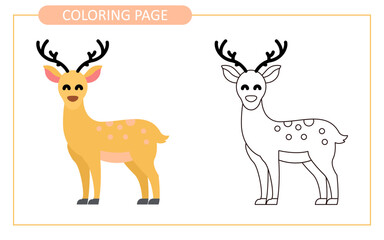 Coloring page of deer. educational tracing coloring worksheet for kids. Hand drawn outline illustration.