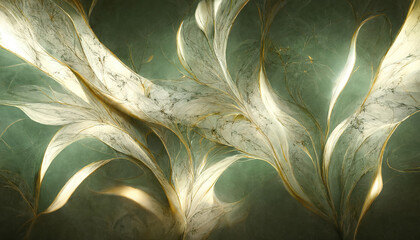Abstract luxury marble background. Digital art marbling texture. Green and gold colors. 3d illustration