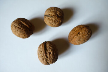 four ripe brown rounded wrinkly fruits of Persian walnut