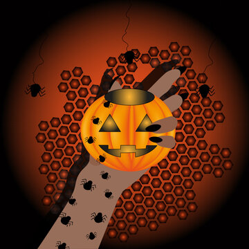 Pumpkin jack lantern with glowing eyes in the hand of a witch with long nails and piders on a style geometric background. Halloween concept. Design print on shirt.