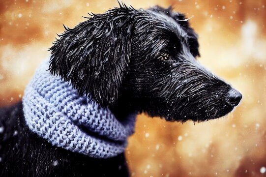 Muzzle Is Wrapped In Knitted Scarf Close Up. Charming Wet Black Dog Nose Inside Warm Clothes. Warming Up For Winter. Cozy Autumn Or Winter Concept