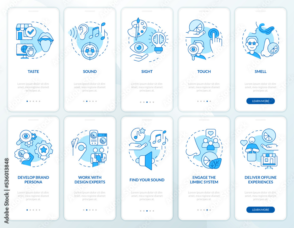 Poster sensory branding blue onboarding mobile app screen set. perception walkthrough 5 steps editable grap