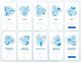 Sensory branding blue onboarding mobile app screen set. Perception walkthrough 5 steps editable graphic instructions with linear concepts. UI, UX, GUI template. Myriad Pro-Bold, Regular fonts used