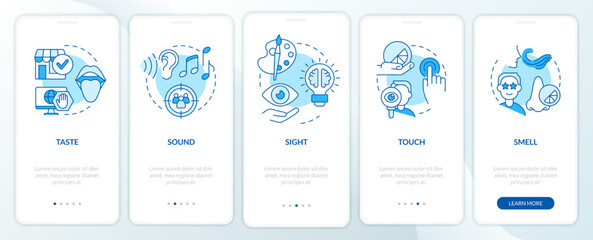 Senses of sensory branding blue onboarding mobile app screen. Walkthrough 5 steps editable graphic instructions with linear concepts. UI, UX, GUI template. Myriad Pro-Bold, Regular fonts used - obrazy, fototapety, plakaty