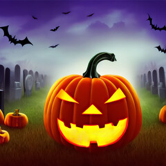 halloween background, Halloween pumpkins on cemetery at night, trick or treat, 3d illustration