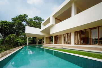 Fototapeta premium Contemporary white house with pool