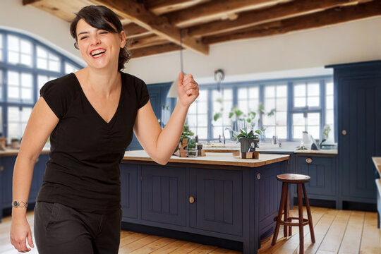 Happy woman in rustic kitchen
