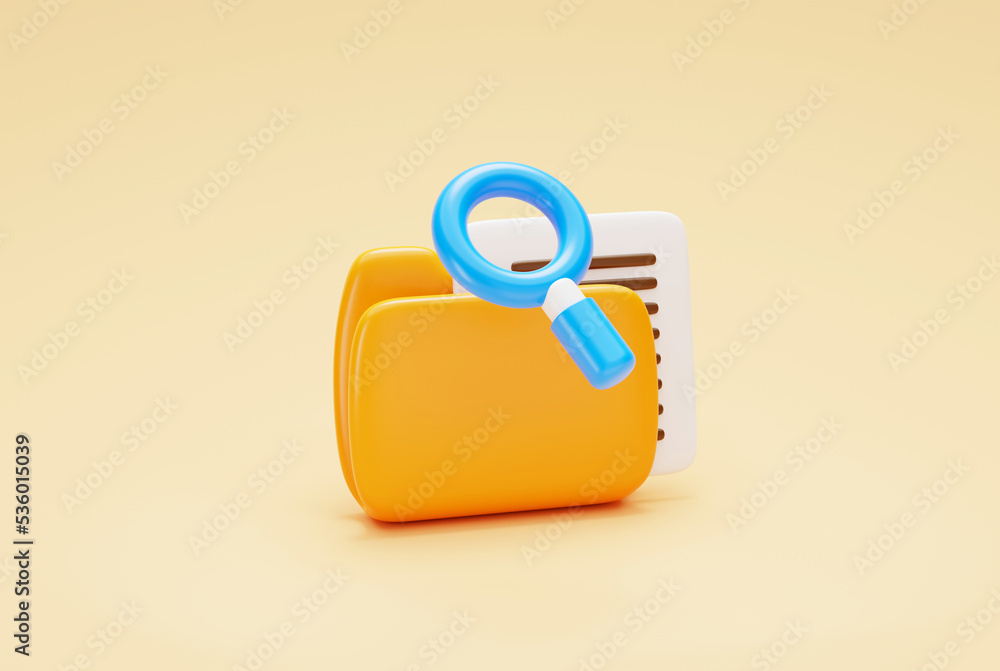 Poster magnifying glass and minimal yellow folder files paper search data information portfolio website ban