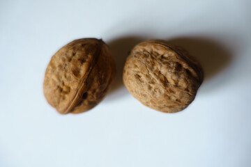 Macro of two ripe brown rounded wrinkly fruits of Persian walnut