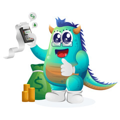 Cute blue monster make a payment