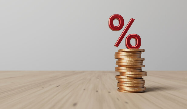 Interest rate and rising inflation concept. Red percentage symbol with a stack of coins. 3D Rendering