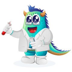 Cute blue monster scientists holding tubes