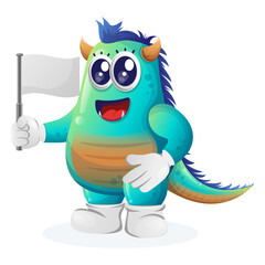 Cute blue monster waving white empty flag
