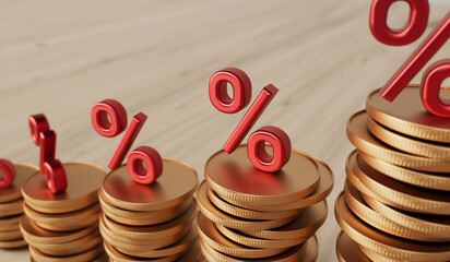 Interest rate and rising inflation concept. Red percentage symbol with a stack of coins. 3D Rendering