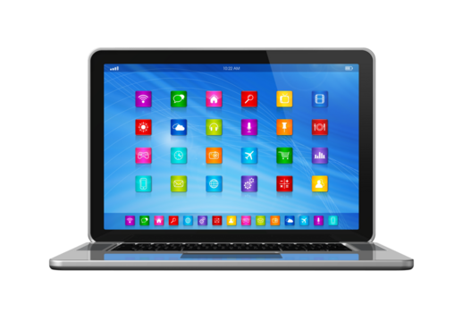 3D Laptop Computer - apps icons interface - isolated on transparent background - Powered by Adobe