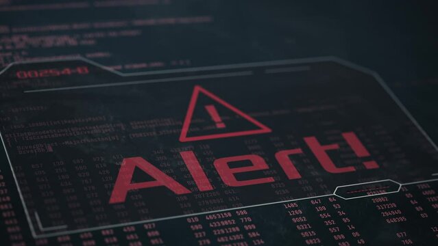 close-up of a dirty computer monitor, random data and code on background, alert message, concept of computer hacking, malware, cyber attack, or generic danger (3d render)