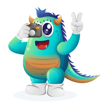 Cute blue monster taking photo with camera
