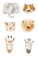 Watercolor safari animals. Children's illustration. Tiger, lion, leopard, zebra, elephant, giraffe. Portraits of animals. © svetsum