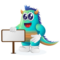 Cute blue monster standing next to a billboard