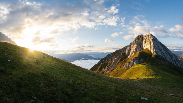 Huge Panorama view of Mountain Predigstein in the Wetterstein mountains near Seefeld in Tyrol, Austria. Beautiful morning light for hiking.