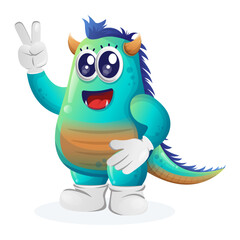 Cute blue monster with peace hand