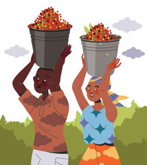 Man and Woman Character Harvesting Coffee Carrying Bucket with Fresh Fruit on Head Vector Illustration