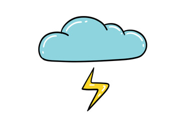 Hand Drawn Lightning Cloud Design Element. Isolated on White Background. Winter Cloud with Lightning Icons in Doodle Puffy Style. Weather. Cool Style Rainy Cloud. Forecast Weather symbol of cloud.