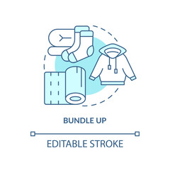 Bundle up turquoise concept icon. Put on more clothes. Keep warm during winter abstract idea thin line illustration. Isolated outline drawing. Editable stroke. Arial, Myriad Pro-Bold fonts used