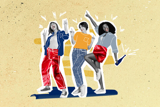 Collage photo of young trio youngsters girlfriends celebrate weekend holiday excited event dancers drunk champagne isolated on painted yellow background