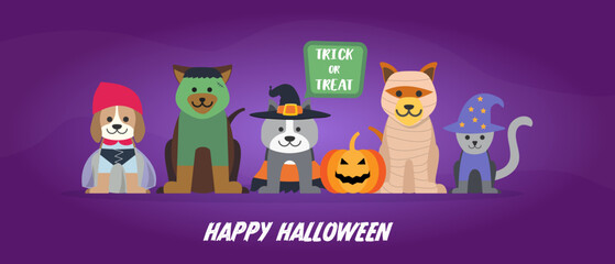 Naklejka premium Happy Halloween banner, vector illustration. Funny cat and dogs wearing halloween costumes