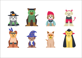 Funny dogs set wearing Halloween Costumes. Vector illustration