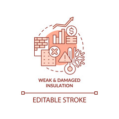 Weak and damaged insulation terracotta concept icon. Keep warm. Reduce heating bill abstract idea thin line illustration. Isolated outline drawing. Editable stroke. Arial, Myriad Pro-Bold fonts used