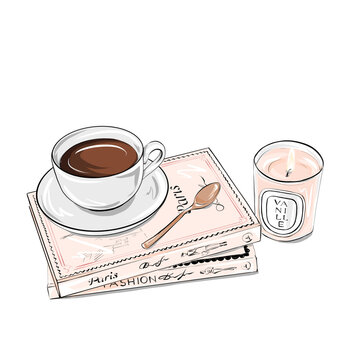 Hand drawn illustration, cozy composition in light pink peach color: books, coffee cup, spoon and aroma candle. Cozy evening, leisure time with reading.