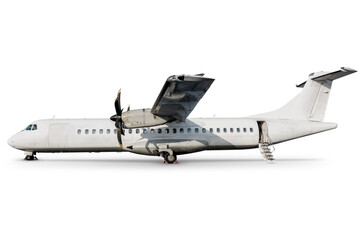 White passenger turboprop airplane with an open staircase ladder isolated on transparent background