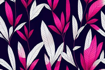 Exotic pink blue bright leaves seamless pattern on black background.