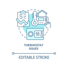 Thermostat issues turquoise concept icon. Heating system problem. Reduce bill costs abstract idea thin line illustration. Isolated outline drawing. Editable stroke. Arial, Myriad Pro-Bold fonts used