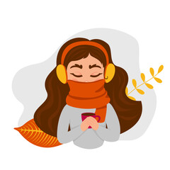Beautiful girl with coffee in her hands, wrapped up to her nose in warm scarf. Vector illustration. Autumn Character in flat style for design, decor, cards, posters