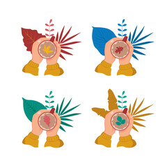 Hands holding cup of coffee with autumn leaves isolated from background. Autumn cozy concept.  Vector illustration