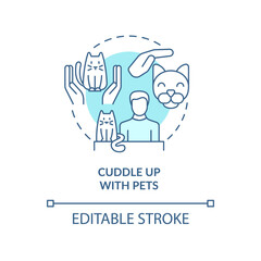 Cuddle up with pets turquoise concept icon. Embrace home animals. Stay warm abstract idea thin line illustration. Isolated outline drawing. Editable stroke. Arial, Myriad Pro-Bold fonts used