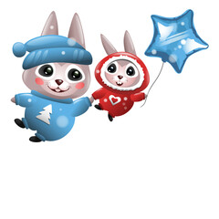 Winter Rabbits fly among snowflakes on a white background