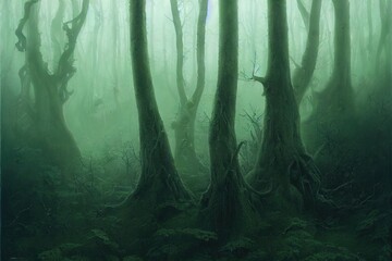 A moody, ethereal lush woodland forest with a bent tree in atmospheric misty fog at Ravelston Woods in Edinburgh, Scotland.