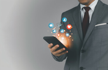 Social media and digital online concept, people use smart phone with social media. Holiday living concept and social media play Social distance, work from home concept.