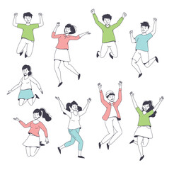 Happy People Character Jumping with Raised Hands Feeling Delight Vector Set