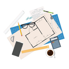 ApartmentApartment floor plan, layout with walls, doors on paper. Coffee, phone, calculator and other items. House interior plane, home project on paper with tools and appartment view. plan view