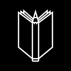 Pencil and notebook, book. Outline and line style. Isolated simple vector illustration on black background.