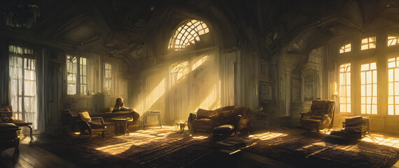 Naklejka premium Artistic concept painting of a beautiful living room interior, background illustration.