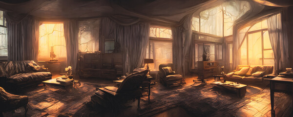 Fototapeta na wymiar Artistic concept painting of a beautiful living room interior, background illustration.